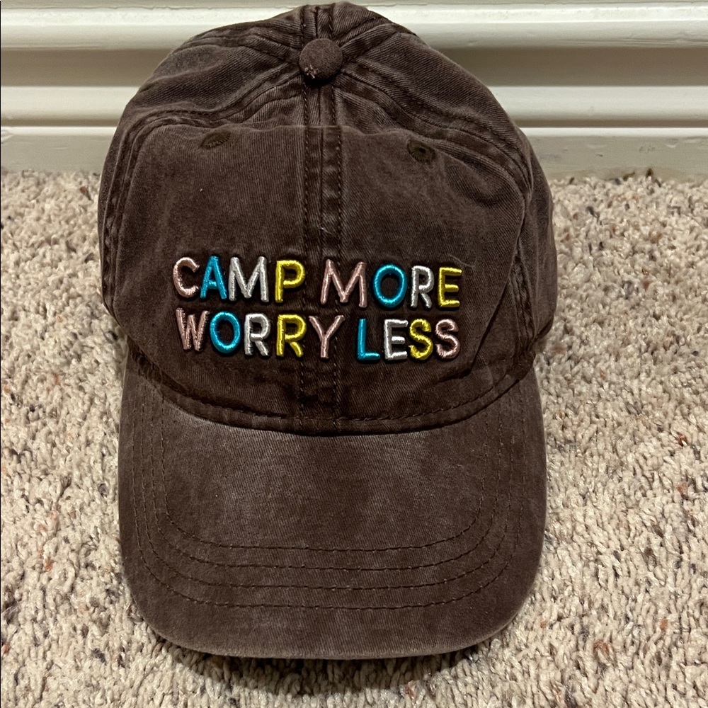 Camp More Worry Less Brown Cap Colorful Embroidery NWOT